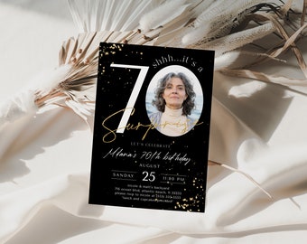 Black Gold Surprise 70th Birthday Invitation with Photo Adult Birthday Party 70 Digital Editable Printable Instant Download Invite Template