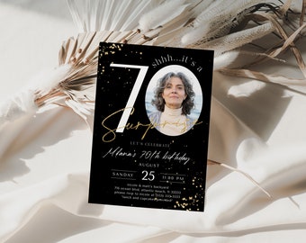 Black & Gold 70th Surprise Birthday Invitation with Photo (Digital Editable Printable)