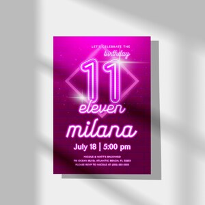 Invito per l'undicesimo compleanno in rosa neon: festa per adolescenti modificabile (download digitale) immagine 3