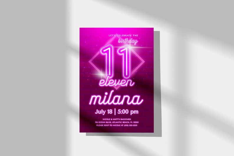 Invito per l'undicesimo compleanno in rosa neon: festa per adolescenti modificabile (download digitale) immagine 3
