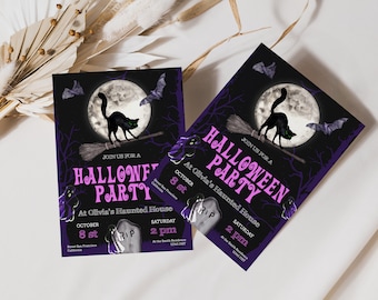 Halloween Party Invitation Printable, Black Cat Halloween Invite, Costume Halloween Party Invite, Spooky Pumpkin Halloween Party Template