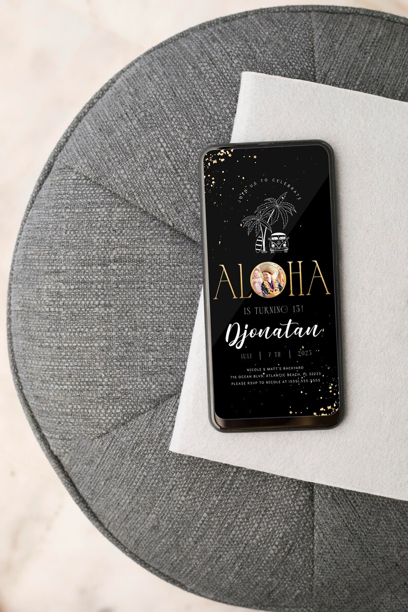 Tropical Aloha Birthday Electronic Invitation: Black & Gold Luau (Digital Phone Evite) image 4