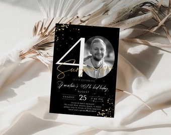 Black Gold Surprise 40th Birthday Invitation with Photo Modern Any Age Birthday Party Decor Invites Simple Elegant Instant Download Template