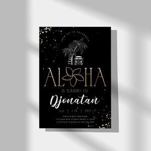 Invitación de cumpleaños Aloha negra y dorada: Fiesta Luau (Descarga digital) imagen 5