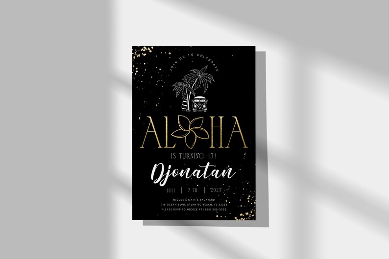 Invitación de cumpleaños Aloha negra y dorada: Fiesta Luau (Descarga digital) imagen 5