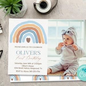 Watercolor Rainbow Birthday Invitation with Photo (Digital)