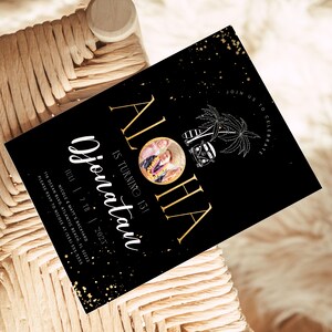 Tropical Aloha Birthday Invitation: Black, Gold, and Beach Theme (Digital Download) image 3