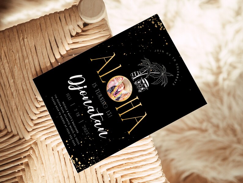 Tropical Aloha Birthday Invitation: Black, Gold, and Beach Theme (Digital Download) image 3