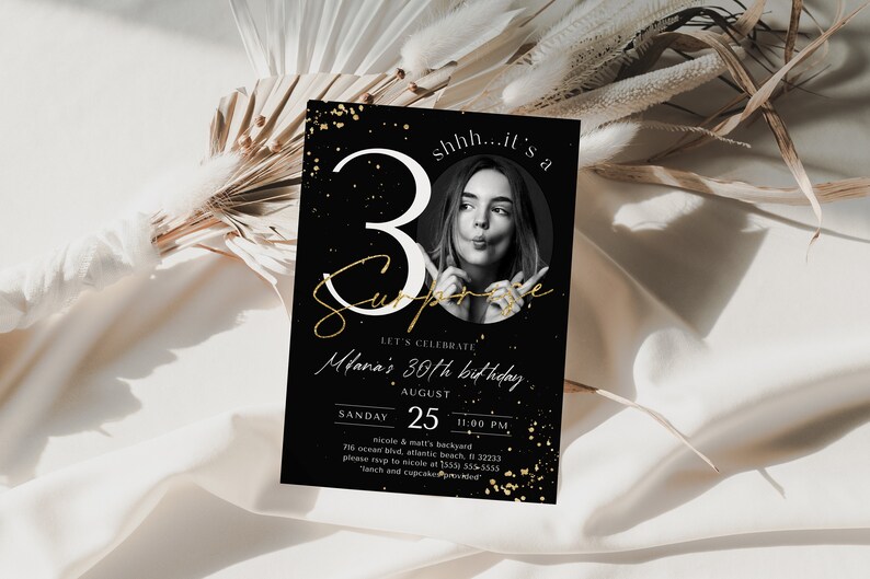 Black & Gold 30th Birthday Invitation: Surprise Party (Digital Download) image 1