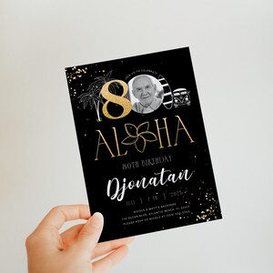 Tropical 80th Birthday Photo Invitation: Black & Gold Printable Decor image 4