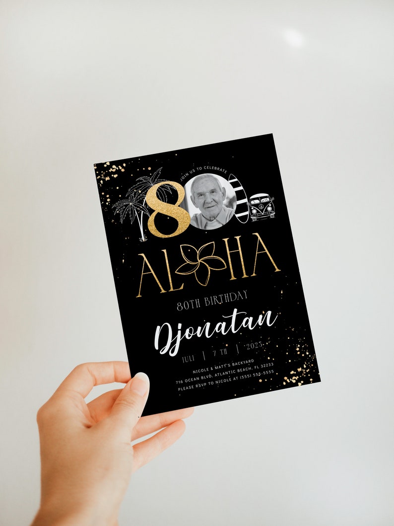 Tropical 80th Birthday Photo Invitation: Black & Gold Printable Decor image 4