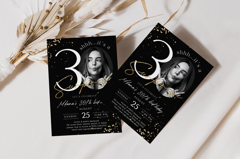 Black & Gold 30th Birthday Invitation: Surprise Party (Digital Download) image 5