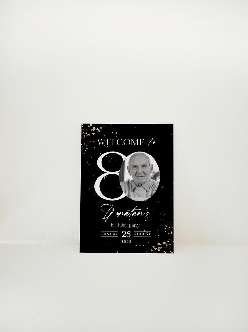 80th Birthday Welcome Sign: Black and Gold Glitter (Printable Template) image 2