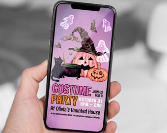 Halloween Party Electronic Invitation, Cat Halloween Party Invite, Purple Halloween Costume Party Template, Spooky Pumpkin Halloween Evite