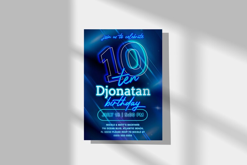 Blue Neon 10th Birthday Invitation Editable Glow In The Dark Teen Boys Instant Download Template Ten Years Aqua Neon Birthday Party Invite image 5