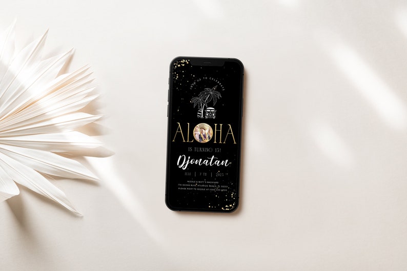 May include: A black and gold digital invitation with the text "Aloha" and a photo of a person. The invitation is for a birthday party for "Djonatan".