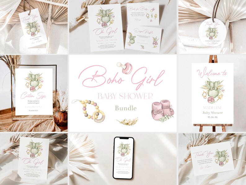 Boho Girl Babypartyeinladungspaket: Bearbeitbare druckbare Vorlagen (digitaler Download) Bild 1
