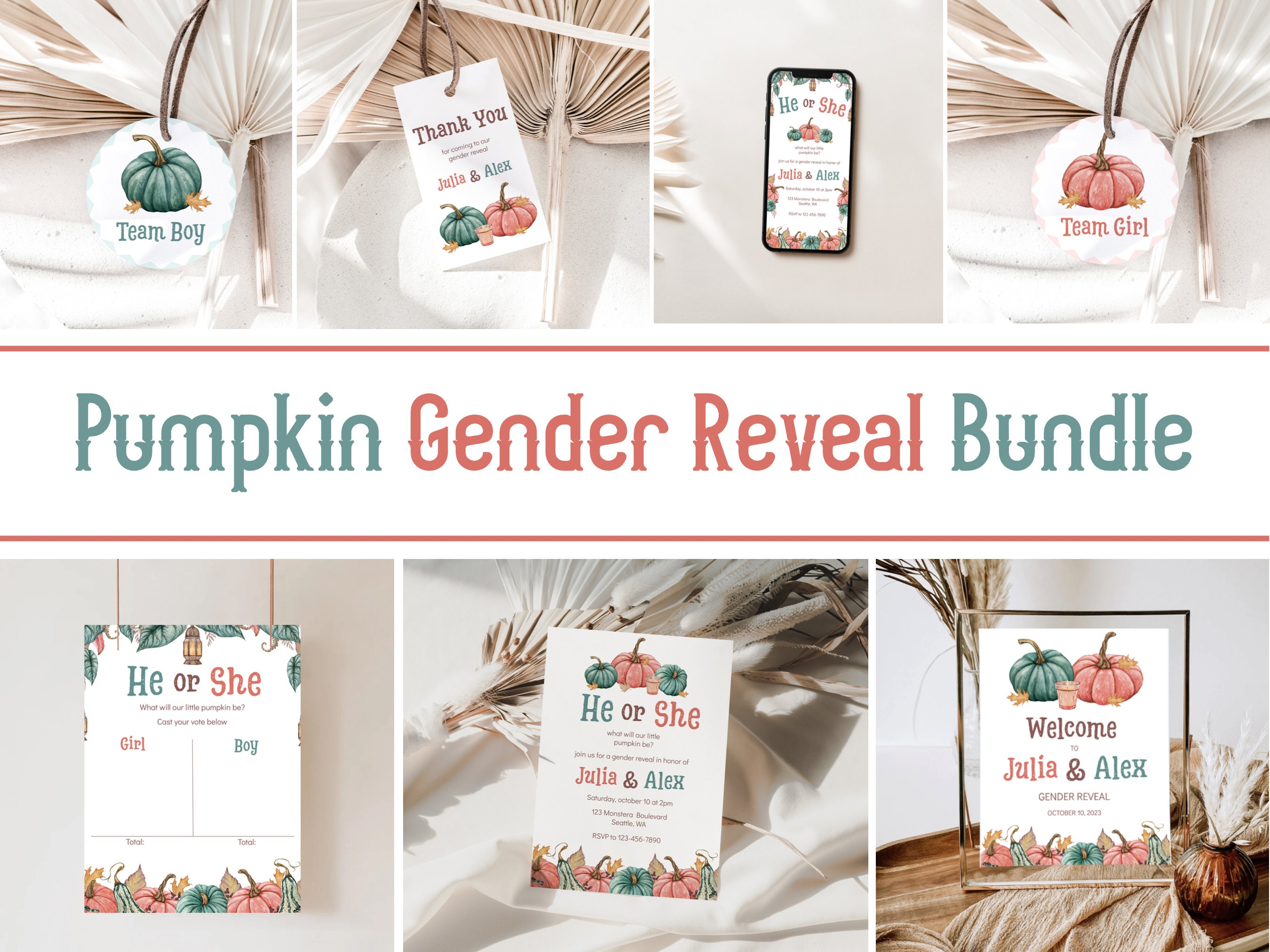 Pumpkin Gender Reveal Bundle Fall Pumpkin Gender Reveal Invitation Bundle Printable Little Pumpkin Is On The Way Gender