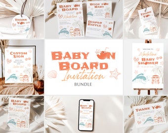 Baby on Board Invitation Bundle Beach Surf Baby Shower Editable Invitation Set Summer Baby Shower Party Printable Invite Cards Suite Kit