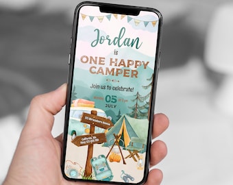 Happy Camper 1st Birthday Invitation: Camping Party Evite (Digital Download)
