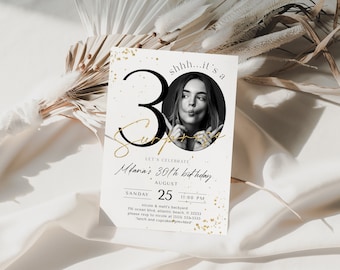 Surprise 30th Birthday Invitation with Photo: Elegant Minimalist Template (Digital Download)