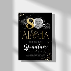 Tropical 80th Birthday Photo Invitation: Black & Gold Printable Decor image 5