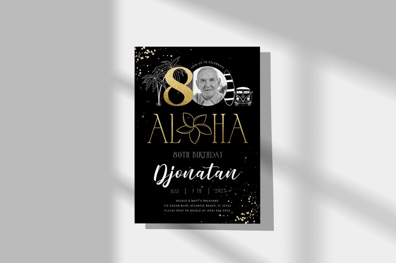 Tropical 80th Birthday Photo Invitation: Black & Gold Printable Decor image 5