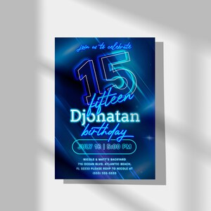 ブルーネオンの15歳の誕生日招待状：編集可能なティーンパーティー招待状（デジタルダウンロード） 画像 5