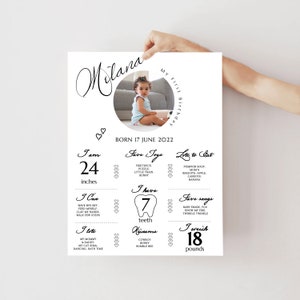 Primer hito de cumpleaños, minimalista de género neutro Birthday Milestone Poster, 1st Year Stats Welcome Sign Girl Boy, Photo Milestone