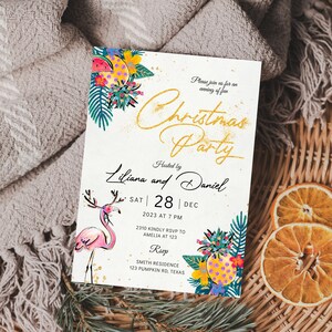 Tropische kerstfeestuitnodiging, strandkerstfeestuitnodiging, Hawaiiaanse kerst Luau-teken, bewerkbare kerst in juli feestuitnodiging