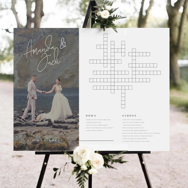 Wedding Crossword Puzzle Template with Photo Modern Giant Crossword Puzzle Bridal Party Games Printable Decor Sip & Solve Wedding Sign Game