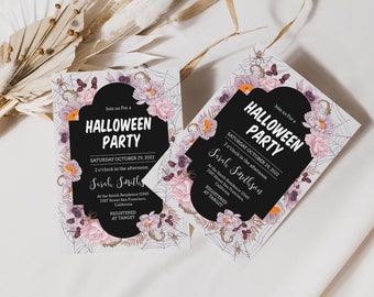 Halloween Party Invitation Printable, Spooky Halloween Party Invite, Floral Spider Halloween Party Template, Autumn Halloween Party Invite