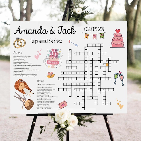 Cute Wedding Crossword Puzzle Template Personalised Wedding Sign Games Printable Giant Bridal Shower Party Sip & Solve Group Activity Games