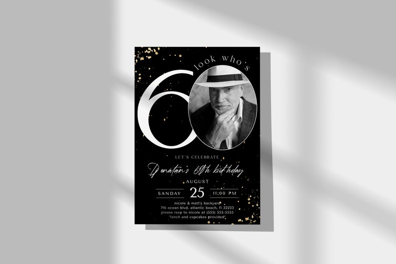 Black & Gold 60th Birthday Invitation With Photo (Digital) image 2