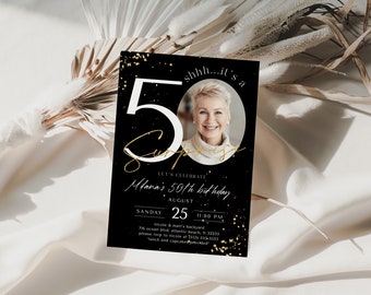 Black Gold Surprise 50th Birthday Invitation with Photo Gold Glitter Printable Template Birthday Anniversary Sign Instant Editable Download