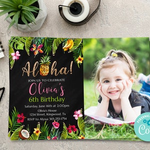 Aloha Birthday Invitation with Photo Chalkboard, Pineapple Birthday Invite, Luau Invitation, Tropical Party Invitation, Hawaiian Birthday