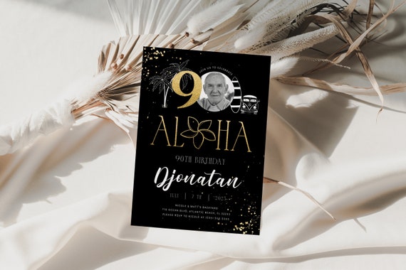 Tropical 90th Birthday Invitation with Photo Black Gold Adult Beach Birthday Invite Cheers To 90 Years Aloha Anniversary Download Template Il_570xn
