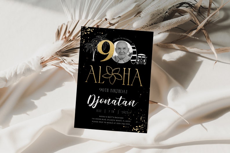 May include: Black and gold birthday invitation with a photo of a man and the text "90th Birthday Jonatan Jul 7 | 7pm | 2023 The Ocean Blue, A Man's Backyard,  Nicole Blvd, Atlantic Beach, FL 32233 Please RSVP to Nicole at (555) 555-5555"
