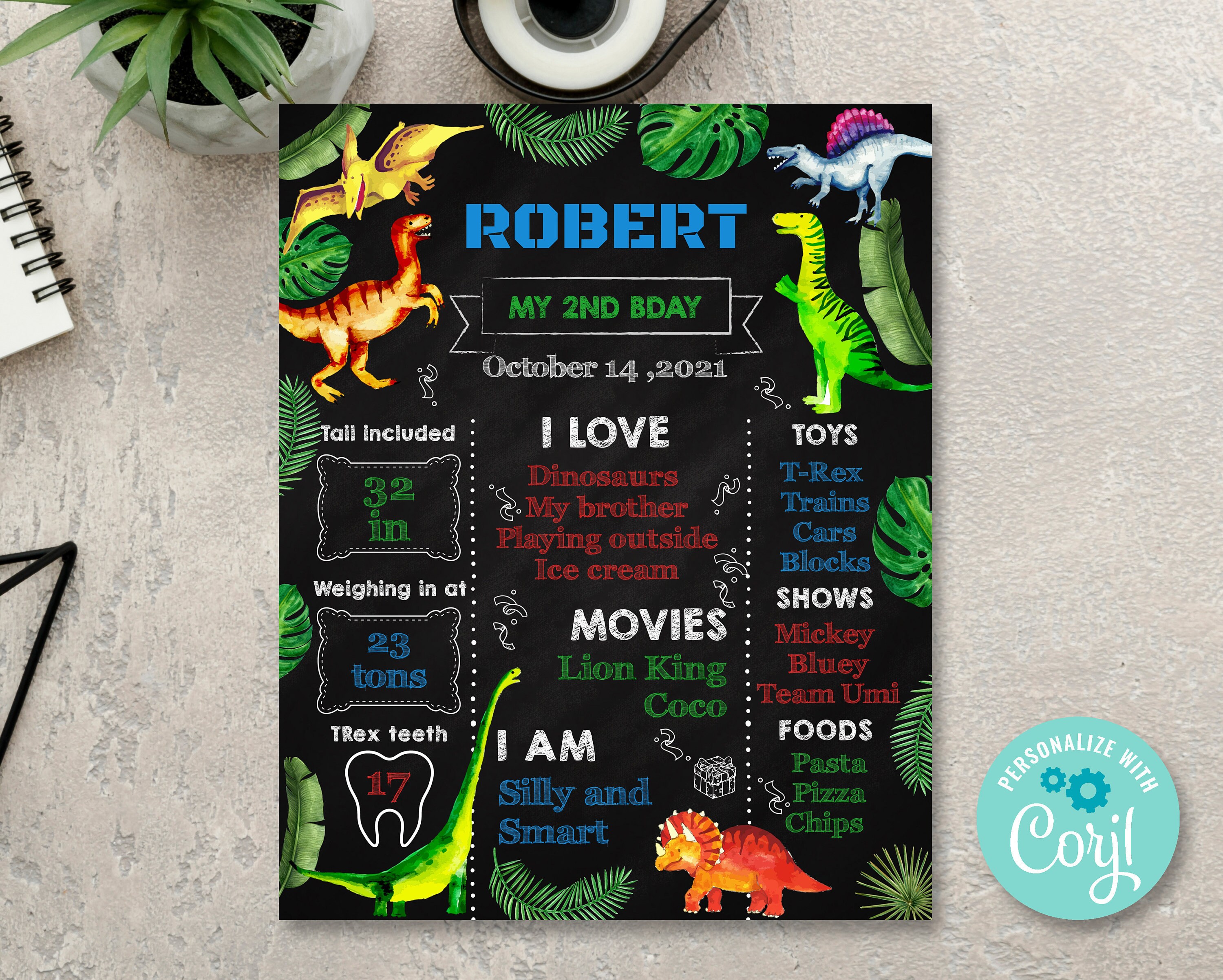 Dinosaur First Birthday Chalkboard Sign Dino Chalkboard Etsy