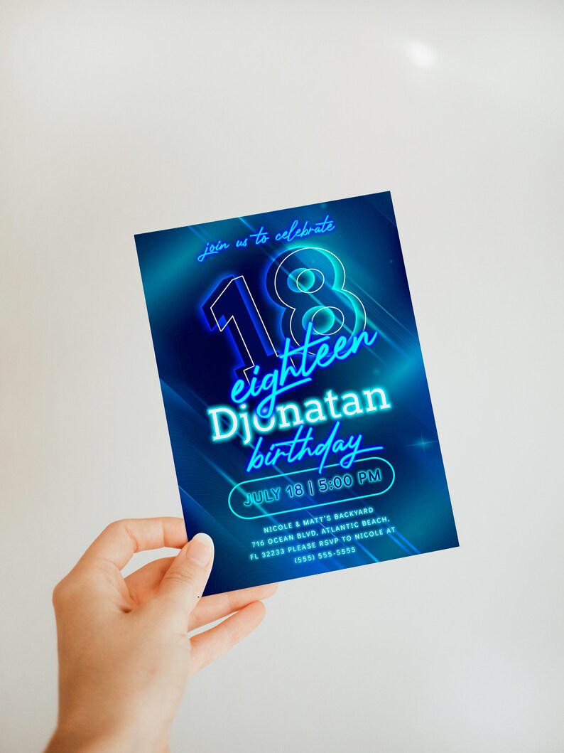 Blue Neon 18th Birthday Invitation: Editable Glow Party (Digital Download) image 4