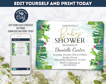 Op de afbeelding: Een printbare babyshower-uitnodiging met een cactus-thema. De uitnodiging is wit met groene en roze aquarel-cactus-illustraties. De tekst luidt "Join us for a Baby Shower in honor of Danielle Carter. Zaterdag 12 oktober om 14:00 uur Smith's House 1234 Street, Kingwood. Tx 1234 RSVP to Mommy at 365-253-1754"