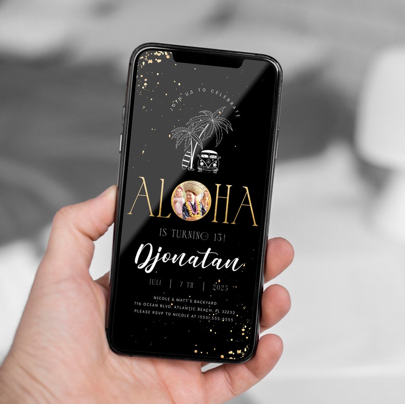 Tropical Aloha Birthday Electronic Invitation: Black & Gold Luau (Digital Phone Evite) image 2