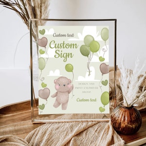 Teddy Bear Boy Baby Shower Custom Sign, Bear With Balloons Baby Shower Custom Text Poster Editable,Bear Boy Baby Shower Custom Sign Download