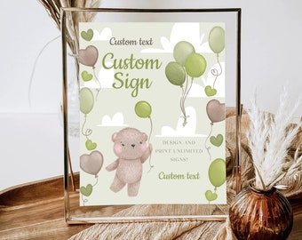 Teddy Bear Baby Shower Sign: Custom Text, Balloons (Digital Download)