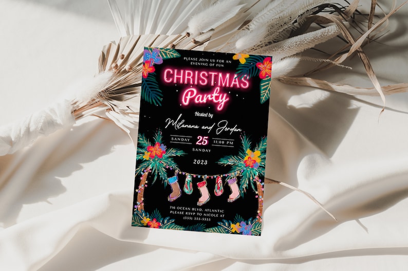 Invitación a fiesta navideña tropical: Luau playero, plantilla editable (descarga digital) imagen 3