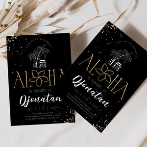 Invitación de cumpleaños Aloha negra y dorada: Fiesta Luau (Descarga digital) imagen 2