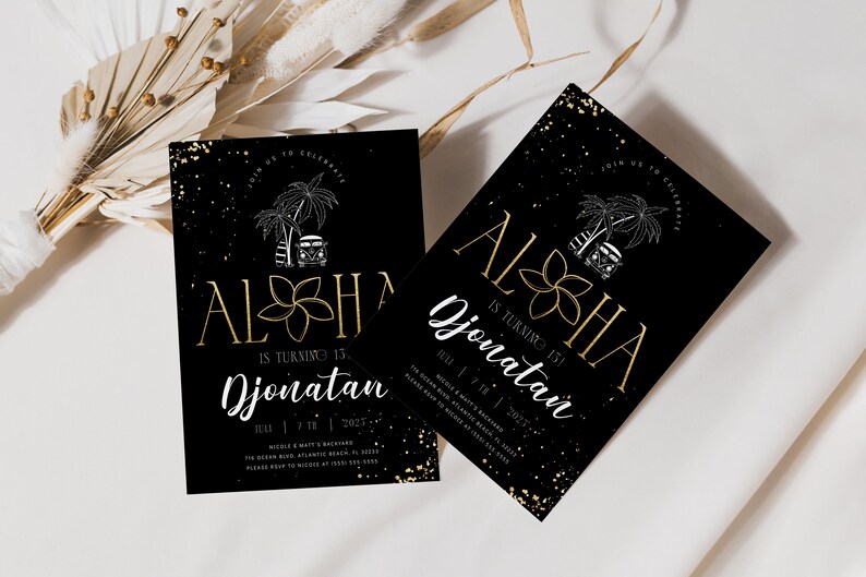 Invitación de cumpleaños Aloha negra y dorada: Fiesta Luau (Descarga digital) imagen 2
