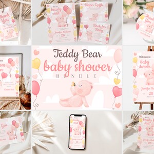Teddy Bear Girl Baby Shower Bundle, Printable Editable Balloons Teddy Bear Girl Invite Templates Large Package, Pink Bear Baby Shower Bundle