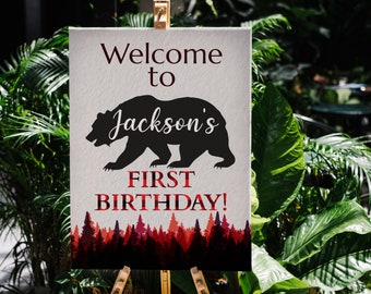 Lumberjack Birthday Party Welcome Sign, Welcome Poster Buffalo Plaid, Bear cub Printable 1st Birthday Decorations, Lumberjack Party Signs
