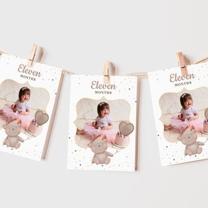 Bannière photo mensuelle de l’ours en peluche, modèle de cartes photo suspendues à une fête d’ours neutre d’un an, bannière photo murale d’anniversaire de bébé Beary de première année